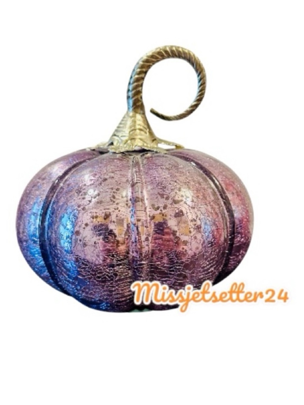 Purple Crackle Mirrored Pumpkin With Silver Stem Fall Halloween Thanksgiving
